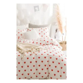 Lenjerie de pat crem din bumbac ranforce pentru pat dublu/extins cu cearceaf inclus/cu 4 piese 200x220 cm Mini Hearts - Mila Home imagine