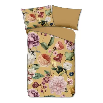 Lenjerie de pat din bumbac organic pentru pat de o persoana Descanso Flowery, 140 x 200 cm, galben imagine