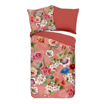 Lenjerie de pat din bumbac organic pentru pat dublu Descanso Flowery, 200 x 220 cm, portocaliu imagine