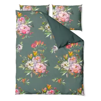 Lenjerie de pat din bumbac satinat pentru pat dublu Bonami Selection Floret, 200 x 220 cm, verde inchis imagine