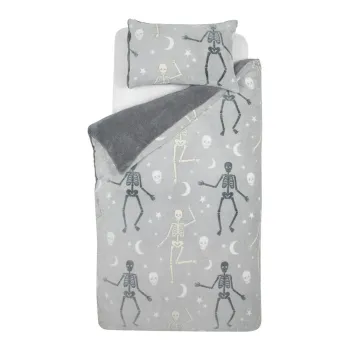 Lenjerie de pat fosforescenta pentru copii gri din microplus/cocolino pentru pat dublu 200x200 cm Halloween Skeleton - Catherine Lansfield imagine