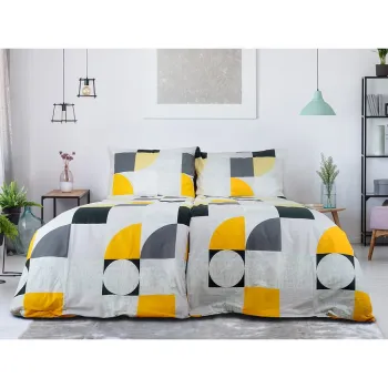 Lenjerie de pat galbena/gri din tesatura crep pentru pat de o persoana 140x200 cm Geometries - B.E.S. imagine