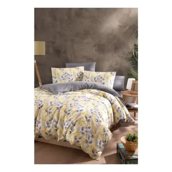 Lenjerie de pat galbena/gri pentru pat dublu/extinsa cu cearceaf inclus/cu 4 piese 200x220 cm Leaves - Mila Home imagine