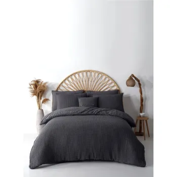 Lenjerie de pat gri antracit din bumbac ranforce pentru pat dublu/extinsa 240x220 cm Waffle Striped - Mila Home Luxury imagine