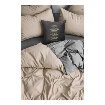 Lenjerie de pat gri/bej din bumbac ranforce pentru pat dublu/extins cu cearceaf inclus/cu 4 piese 200x220 cm - Mila Home imagine