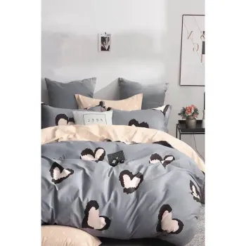 Lenjerie de pat gri/bej din bumbac ranforce pentru pat dublu/extinsa cu cearceaf inclus/cu 4 piese 200x220 cm Double Heart - Mila Home imagine