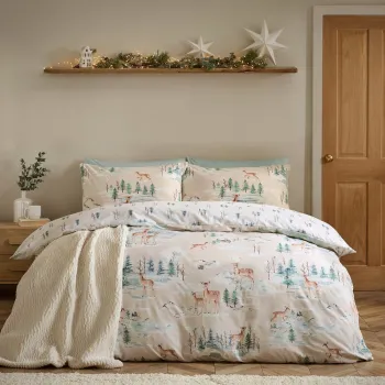 Lenjerie de pat in culoare naturala din flanela pentru pat dublu 230x220 cm Brushed Christmas Deer - Catherine Lansfield imagine