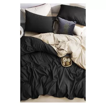 Lenjerie de pat neagra/crem din bumbac pentru pat dublu/extins si cearceaf 200x220 cm - Mila Home imagine