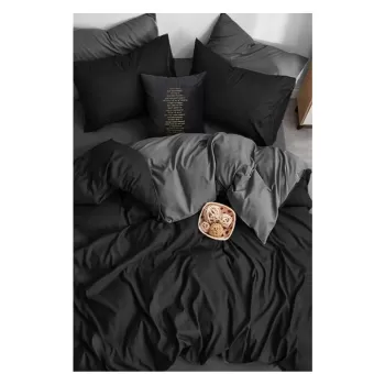 Lenjerie de pat neagra/gri din bumbac pentru pat dublu/extins si cearceaf 200x220 cm - Mila Home imagine