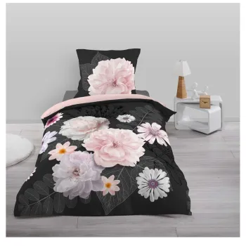 Lenjerie de pat neagra/roz din flanela pentru pat de o persoana 140x200 cm Floral - douceur d'interieur imagine