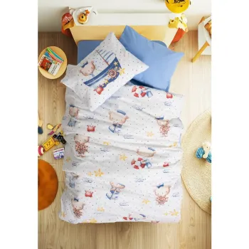 Lenjerie de pat pentru copii alba/albastra din bumbac ranforce pentru patut cu cearceaf inclus/cu 4 piese 100x150 cm Seaman - Mijolnir imagine