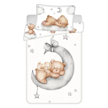 Lenjerie de pat pentru copii alba din bumbac pentru patut 100x135 cm Teddy Bear 