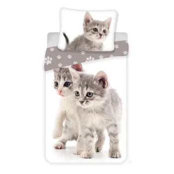 Lenjerie de pat pentru copii alba/gri din bumbac pentru pat de o persoana 140x200 cm Kitten 