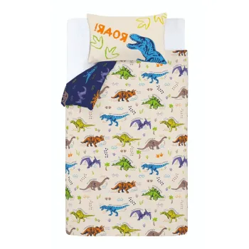 Lenjerie de pat pentru copii albastra/bej pentru patut 120x150 cm Prehistoric Dinosaurs - Catherine Lansfield imagine
