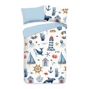 Lenjerie de pat pentru copii albastra/crem din bumbac pentru patut 100x135 cm Ahoy - Good Morning imagine