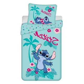 Lenjerie de pat pentru copii albastra din bumbac pentru pat de o persoana 140x200 cm Lilo a Stitch 