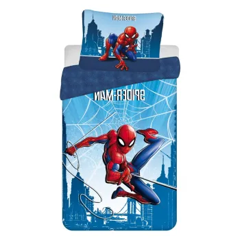 Lenjerie de pat pentru copii albastra din bumbac pentru pat de o persoana 140x200 cm Spider-man 