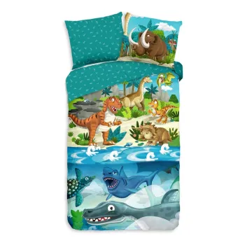 Lenjerie de pat pentru copii albastra din bumbac pentru pat de o persoana/extinsa 140x220 cm Prehistoric - Good Morning imagine