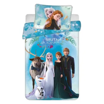 Lenjerie de pat pentru copii albastra din bumbac pentru patut 100x135 cm Frozen 