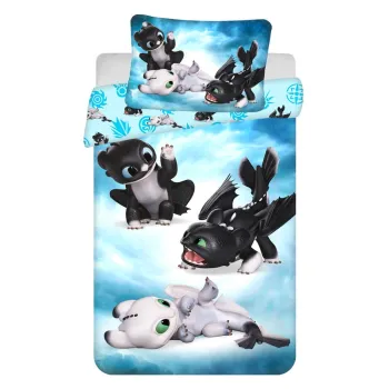 Lenjerie de pat pentru copii albastra din bumbac pentru patut 100x135 cm How to Train Your Dragon 