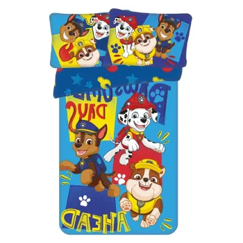 Lenjerie de pat pentru copii albastra din bumbac pentru patut 100x135 cm Paw Patrol 