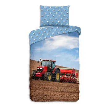 Lenjerie de pat pentru copii albastra din flanela pentru pat de o persoana 140x200 cm Tractor - Good Morning imagine