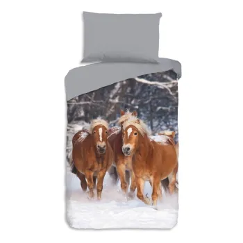 Lenjerie de pat pentru copii gri din flanela pentru pat de o persoana 140x200 cm Happy Horses - Good Morning imagine