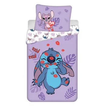 Lenjerie de pat pentru copii mov din bumbac pentru pat de o persoana 140x200 cm Lilo and Stitch 