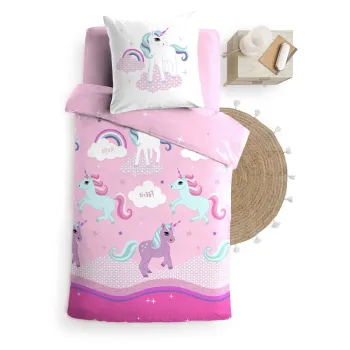 Lenjerie de pat pentru copii roz din bumbac pentru pat de o persoana 140x200 cm Licorne - douceur d'interieur imagine