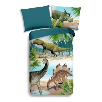 Lenjerie de pat pentru copii verde/albastra din bumbac pentru pat de o persoana 140x200 cm Dino - Good Morning imagine