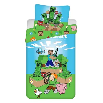 Lenjerie de pat pentru copii verde/albastra din bumbac pentru pat de o persoana 140x200 cm Minecraft 