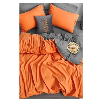 Lenjerie de pat portocalie/gri din bumbac pentru pat dublu/extinsa cu cearceaf inclus/cu 4 piese 200x220 cm - Mila Home imagine