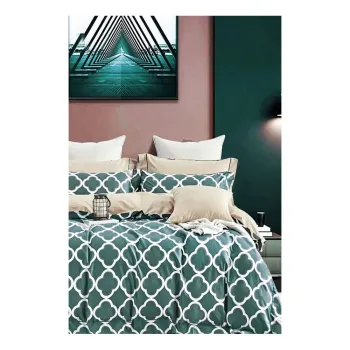 Lenjerie de pat verde/bej din bumbac pentru pat dublu/extinsa cu cearceaf inclus/cu 4 piese 200x220 cm Geometric - Mila Home imagine