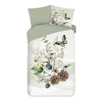 Lenjerie de pat verde/crem din flanela pentru pat de o persoana/extinsa 140x220 cm Marjan - Good Morning imagine