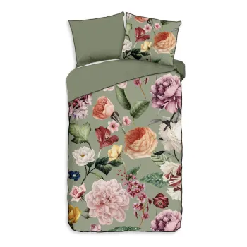 Lenjerie de pat verde din bumbac satinat pentru pat de o persoana/extinsa 140x220 cm Fiori - Descanso imagine