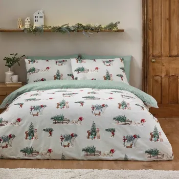 Lenjerie de pat verde/in culoare naturala din flanela pentru pat dublu 230x220 cm Brushed Christmas Dogs - Catherine Lansfield imagine