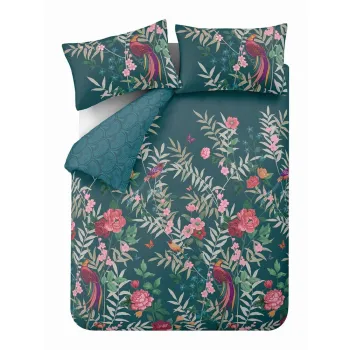 Lenjerie de pat verde-inchis pentru pat dublu/extinsa 230x220 cm Tropical Floral Birds - Catherine Lansfield imagine