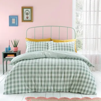 Lenjerie de pat verde pentru pat dublu 200x200 cm Seersucker Gingham Check - Catherine Lansfield imagine