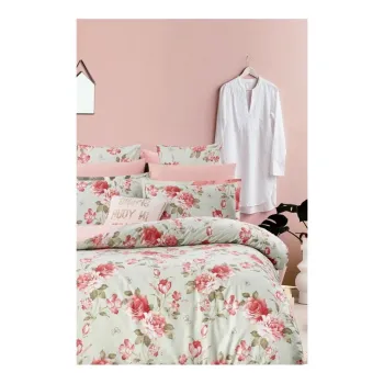 Lenjerie de pat verde/roz din bumbac ranforce pentru pat dublu/extinsa cu cearceaf inclus/cu 4 piese 200x220 cm - Mila Home imagine