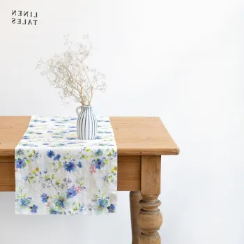 Napron de masa din in 40x200 cm White Flowers - Linen Tales imagine