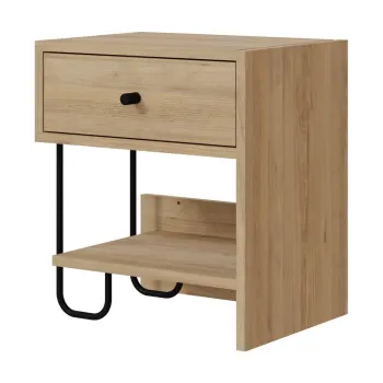 Noptiera in culoare naturala cu rafturi cu aspect de lemn de stejar Saturne - Marckeric imagine