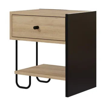 Noptiera neagra/in culoare naturala cu rafturi cu aspect de lemn de stejar Saturne - Marckeric imagine