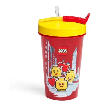 Pahar cu capac galben si pai LEGO(R) Iconic, 500 ml, rosu imagine