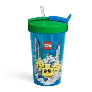 Pahar cu capac verde si pai LEGO(R) Iconic, 500 ml, albastru imagine