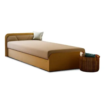 Pat galben ocru/bej tapitat/din placa aglomerata de lemn cu spatiu de depozitare cu saltea 80x190 cm Parys - ELTAP imagine