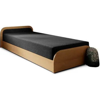 Pat galben ocru/gri inchis tapitat/din placa aglomerata de lemn cu spatiu de depozitare cu saltea 80x190 cm Parys - ELTAP imagine