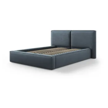 Pat matrimonial albastru inchis tapitat cu spatiu de depozitare si somiera 140x200 cm Arendal - Cosmopolitan Design imagine