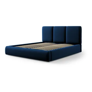 Pat matrimonial albastru inchis tapitat din catifea cu spatiu de depozitare cu somiera 140x200 cm Brody - Mazzini Beds imagine