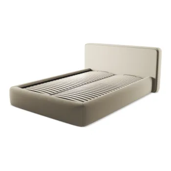 Pat matrimonial bej tapitat cu spatiu de depozitare cu somiera 140x200 cm Kiana - Makamii imagine