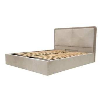 Pat matrimonial bej/taupe tapitat cu spatiu de depozitare cu somiera 180x200 cm Mara - Bobochic Paris imagine
